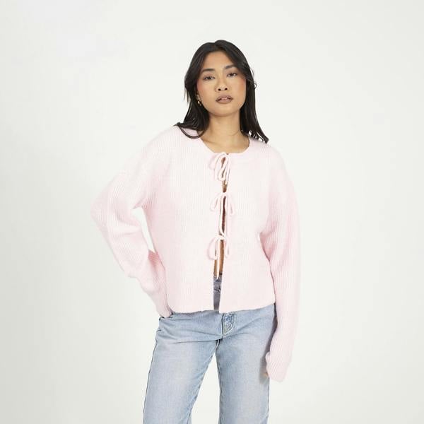 Brave Soul Pink Tie Fastening Fisherman Knit Cardigan - Pink Image 1
