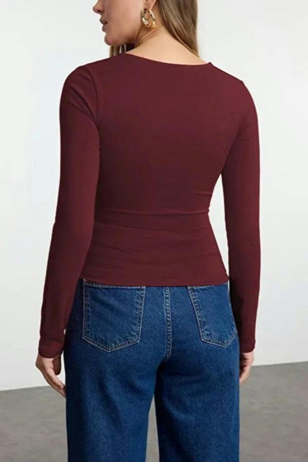 WOVCOR Square Neck Draped Detailed Fitted Knit Blouse