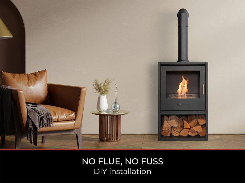 OKO S3 Bio Ethanol Stove with Log Storage in Charcoal Grey & Tall Angled Stove Pipe