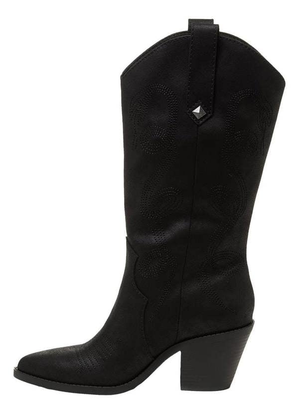 Rocket Dog Feria Womens Mid Calf Cowboy Western Pull On Boots, black leather cowboy boots with decorative stitching and a chunky heel.