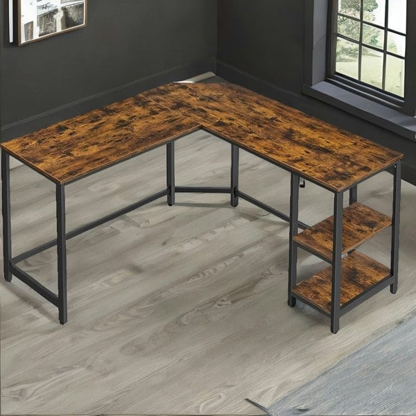 Rafaelo Mobilia Industrial Rustic L-Shaped Writing Desk With Steel Frame