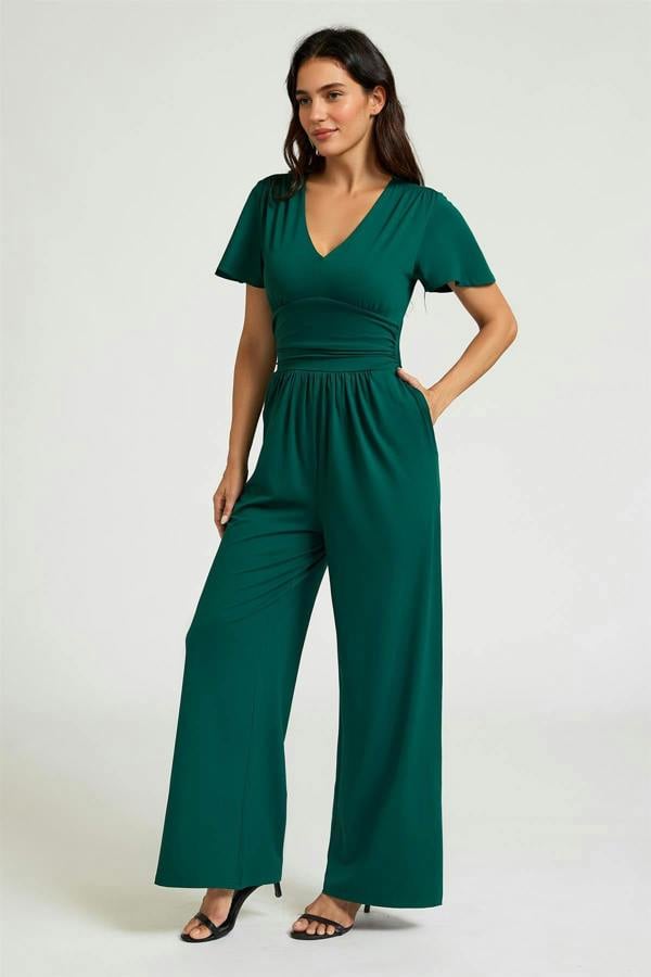 FS Collection Easy Peezy Design V-Neck Ruched Waist Jumpsuit In Green