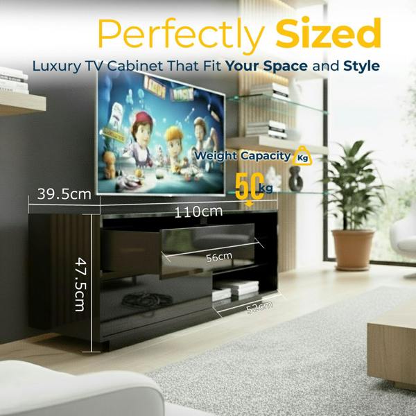 Homeology Gallus Gloss Black with 2-Black Drawers and 3-Shelf 32"-55" LED/LCD/Plasma Cabinet TV Stand