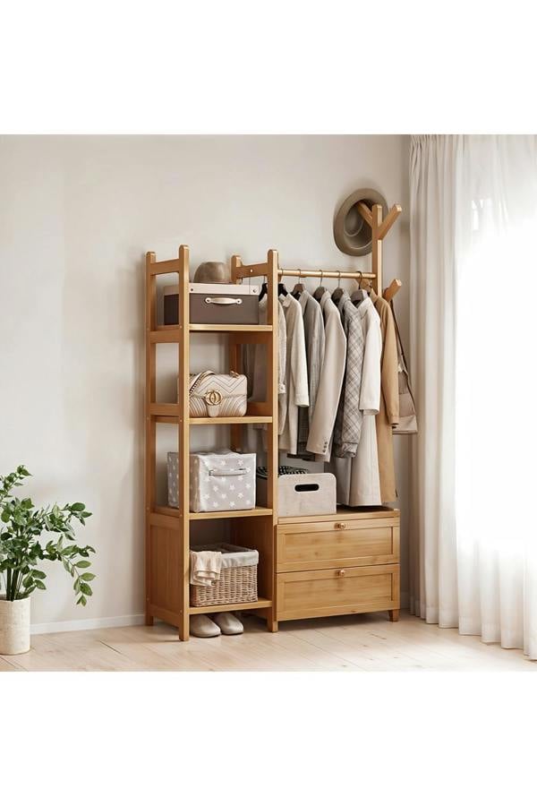 Living and Home Freestanding Bamboo Clothes Rack Garment Rack with Storage Shelves Coat Hanger Hanging Rod