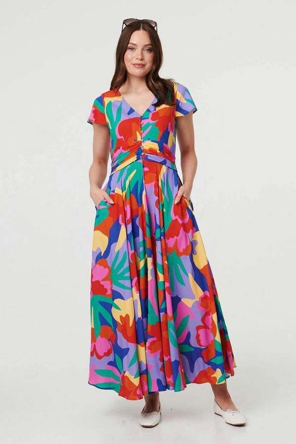 Blue | Abstract Floral Tie Ruched Maxi Dress