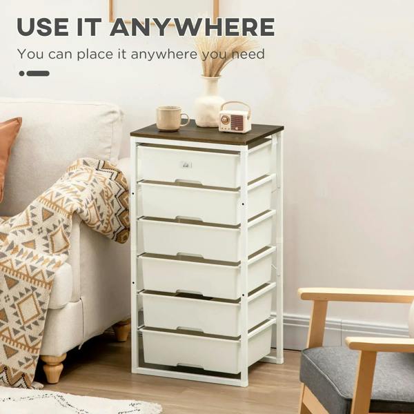 White 6-drawer tall dresser with dark wood top and arched drawer handles