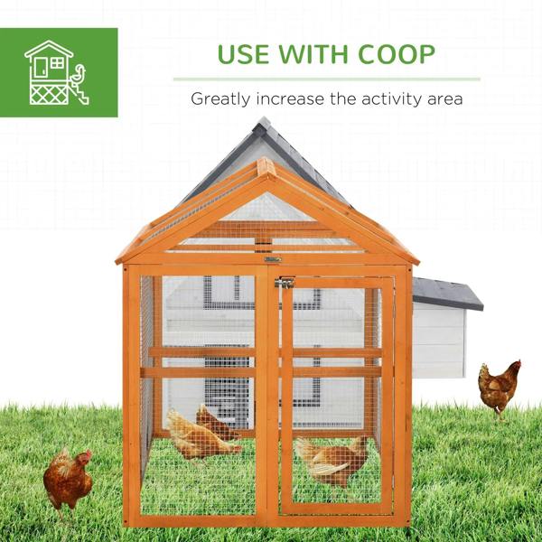 Orange wooden chicken coop with attached run and wire mesh panels