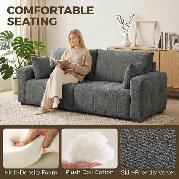 3 Seater Sofa, Upholstered Velvet Couch for Bedroom with Pillows, Padded Cushion and Wood Legs, Grey