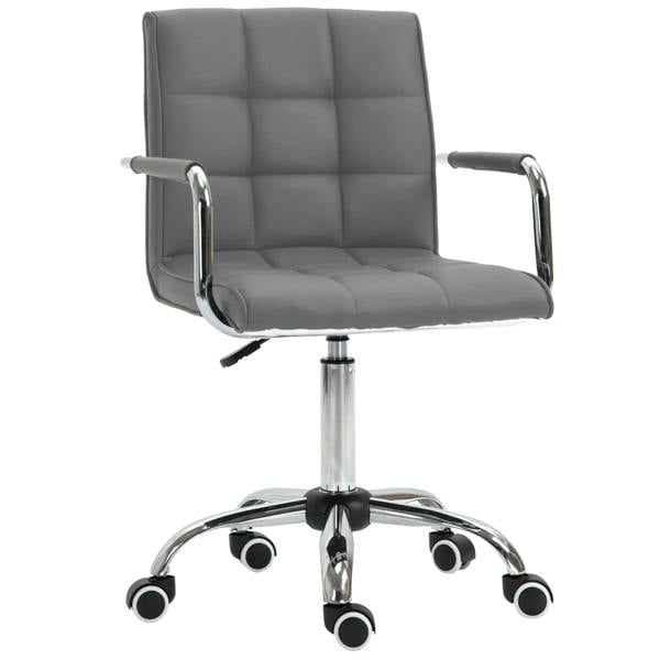 Grey mid-back office desk chair with padded seat, armrests, swivel base and casters