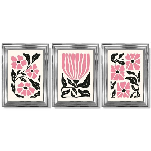 Set of 3 Boho Pink Black Floral Framed Art Prints with Glossy Chrome Frames