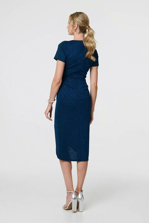 Blue | Sparkly Ruched Short Sleeve Midi Dress
