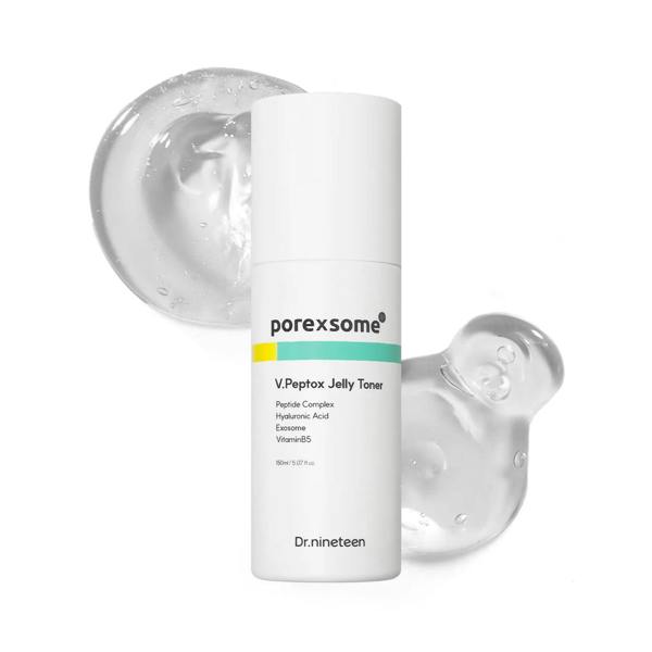 Dr.nineteen PoreXsome V.Peptox Jelly Toner – 150ml Korean firming toner featuring V-Peptide and Exosome technology available at Atelier De Glow UK.
