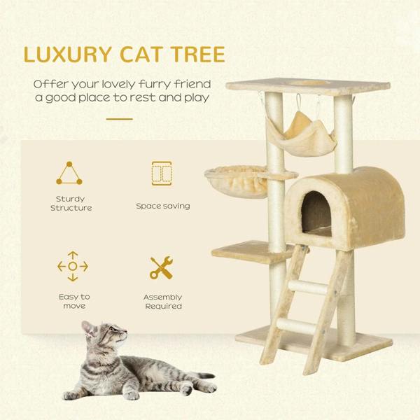 Beige cat tree tower with enclosed house, hammock, ladder perch, and top platform