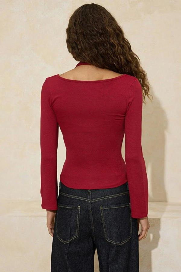 WOVCOR Boat Neck Cotton Knit Blouse with Accessory Details