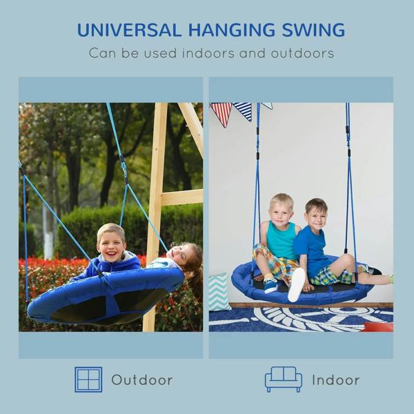 Blue hanging nest swing seat with children sitting on ropes, indoor and outdoor shown