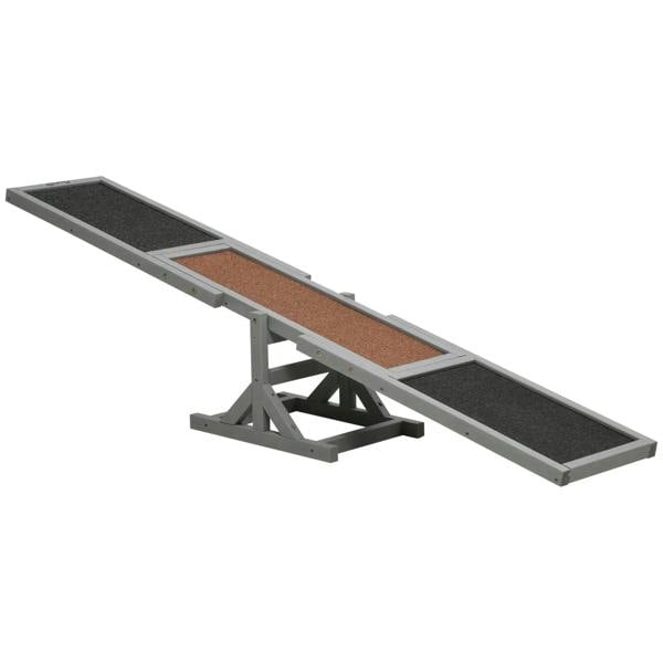 Grey wooden dog seesaw agility ramp with anti-slip textured panels and support base.