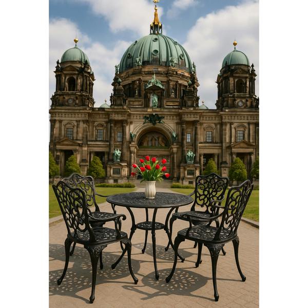 Homeology TABREEZ Opulent Garden and Patio Table and 4 Large Chairs with Armrests Cast Aluminium Bistro Set - Black