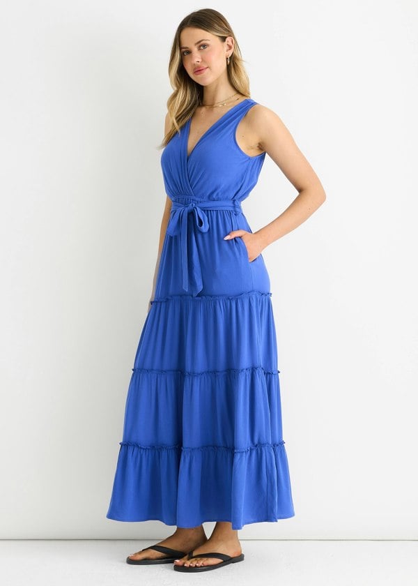 Gini London Blue Viscose Wrap Tiered Maxi Dress