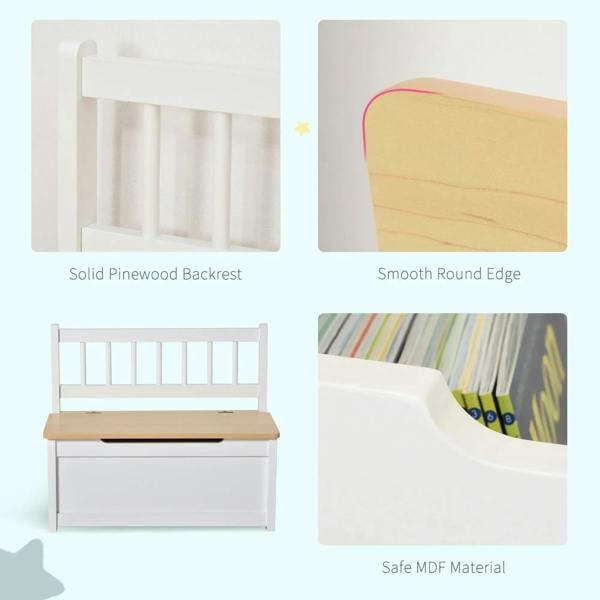 White toy box bench with pine backrest, smooth round edge, MDF body