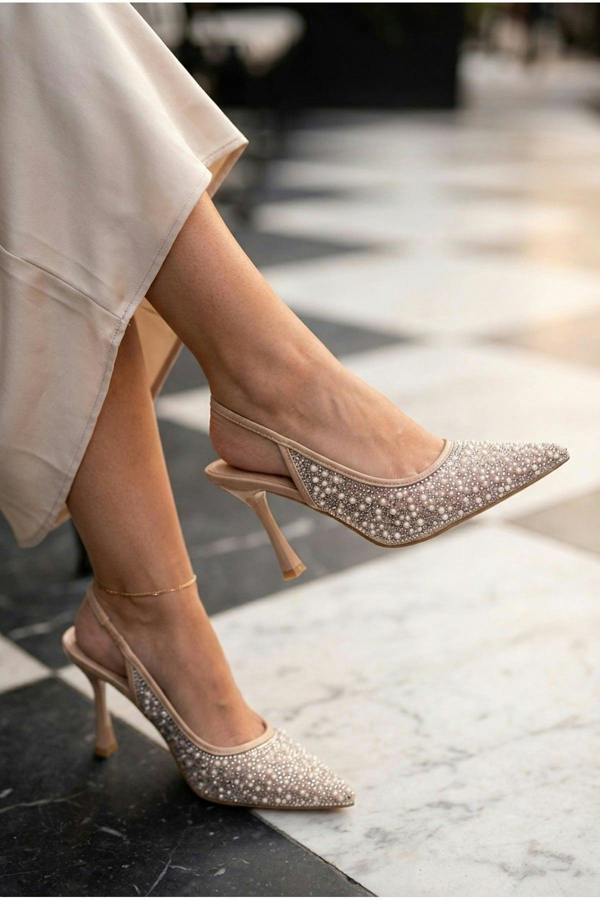 Cordelia Embellished Mesh Pointed Toe Heels - Beige