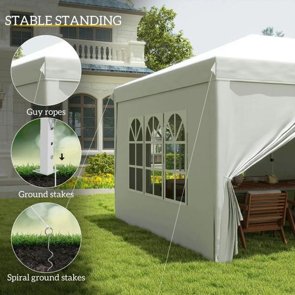 White gazebo sidewall with window panel plus guy ropes and ground stakes