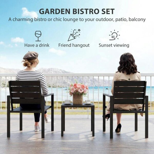 3 Pieces Garden Bistro Set for 2, Outdoor Bistro Table and Chairs with Metal Frame, Plastic Patio Furniture Set