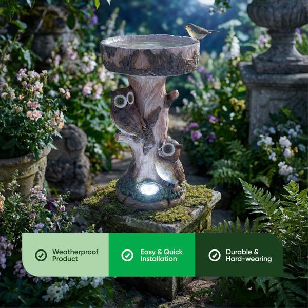 Gardenwize Solar Bird Bath – Owl Garden Ornament with LED Light