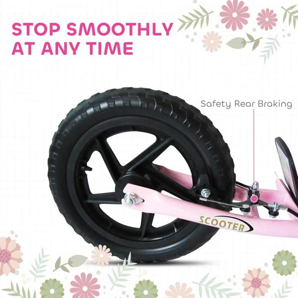 Pink scooter rear wheel with black tire tread and safety rear braking hardware