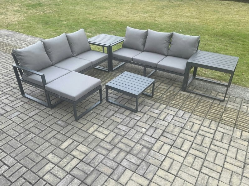 Fimous 7-Seater Aluminium Outdoor Sofa Set | 6 Pieces, Square Coffee Table, Large Footstool, 2 Side Tables | Dark Grey