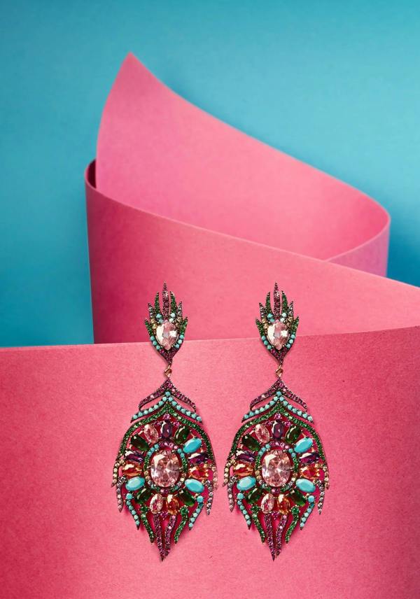 Latelita Peacock Colourful Feather Gemstone Earrings Rose Gold