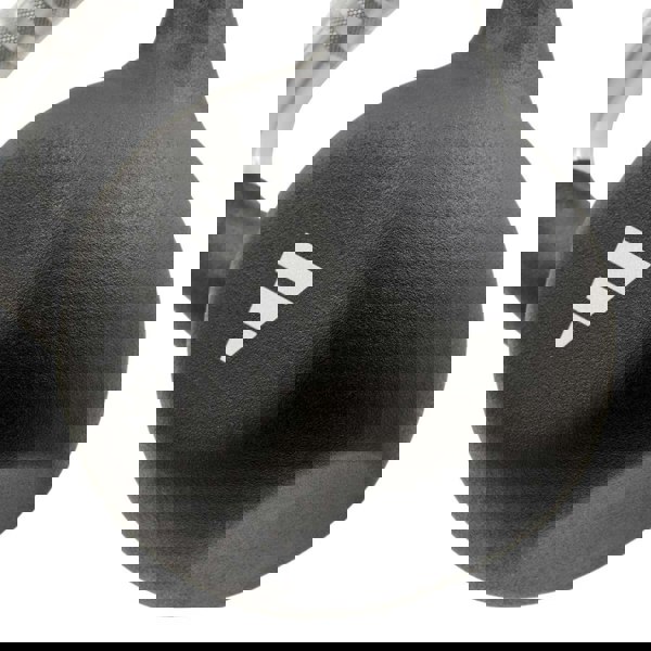 Black kettlebell with a brand logo on a white background