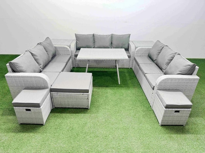 Fimous 12 Seat Outdoor PE Rattan Garden Furniture with Cushions 3 Seater Sofa 2 Side Tables 3 Stool Light Grey
