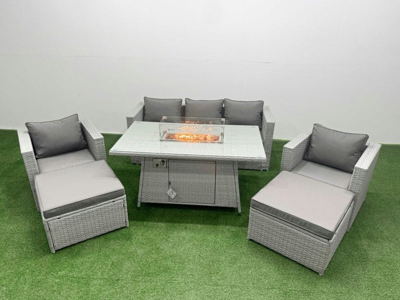 Fimous 7 Seat PE Rattan Lounge Sofa Set Outdoor Garden Furniture Set with Fire Pit Dining Table 3 Seater Sofa 2 Big Footstools Light Grey