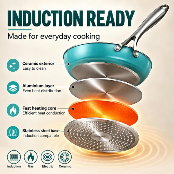 Gr8 Home 12 Piece Ceramic Non Stick Induction Cookware Set Teal Pots & Pans Lids Utensils