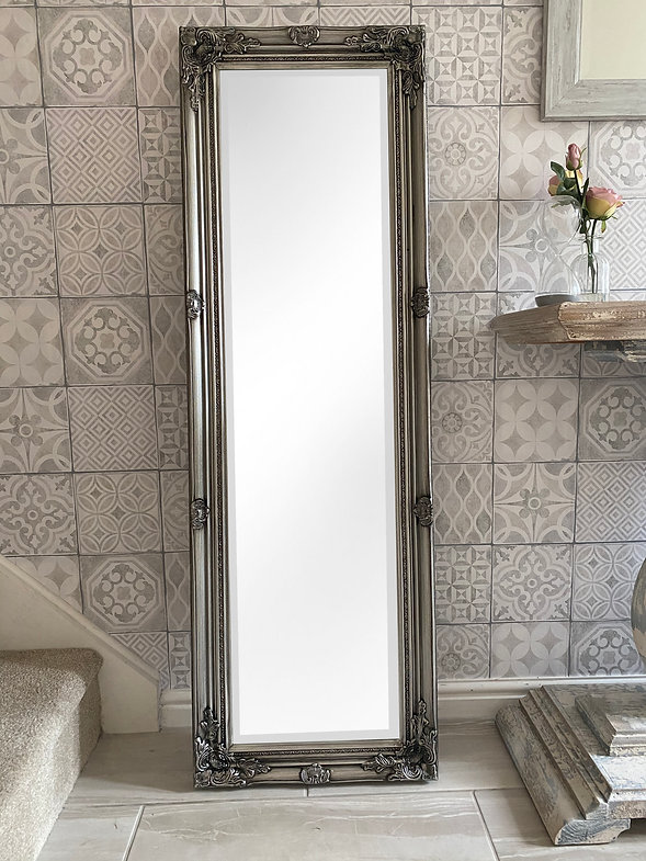 Downton Interiors Antique Silver Tall Ornate Dressing Wall Mirror with Bevelled Glass 142cm
