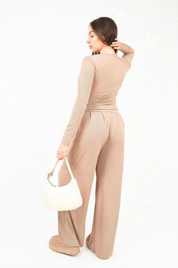 ikrush Enaya V Neck Long Sleeve Ribbed Top & Wide Leg Trousers Co-ord Set