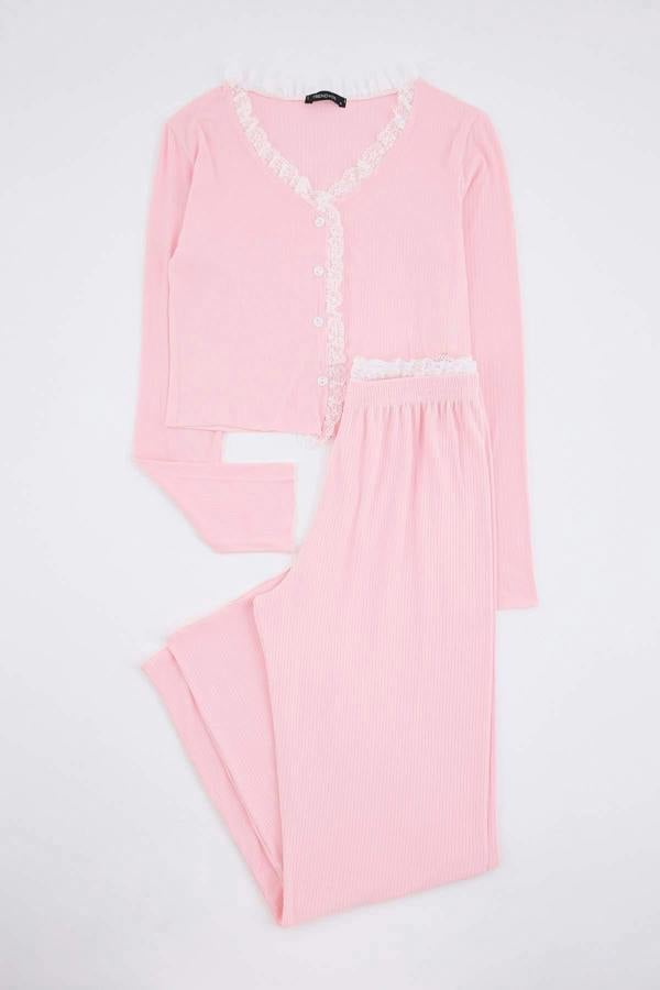 V Neck Long Sleeve Ribbed Pyjama Set