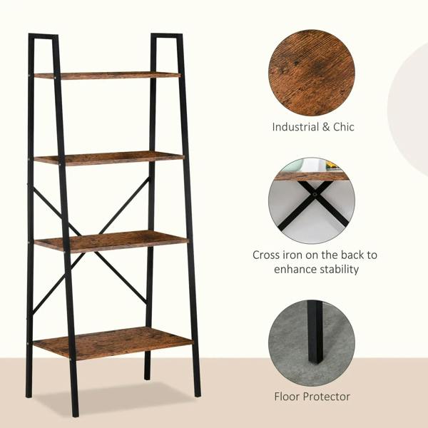 4-tier ladder shelf with black cross-braced back and brown wooden shelves.