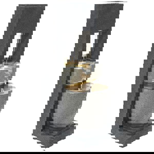 Sleek electric water feature with cascading water, gray stone texture, and illuminated basin, perfect for outdoor relaxation