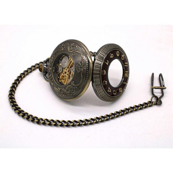 Infinity Leather Antique Gold Wooden Half-Hunter Skeleton Alloy Pocket Watch