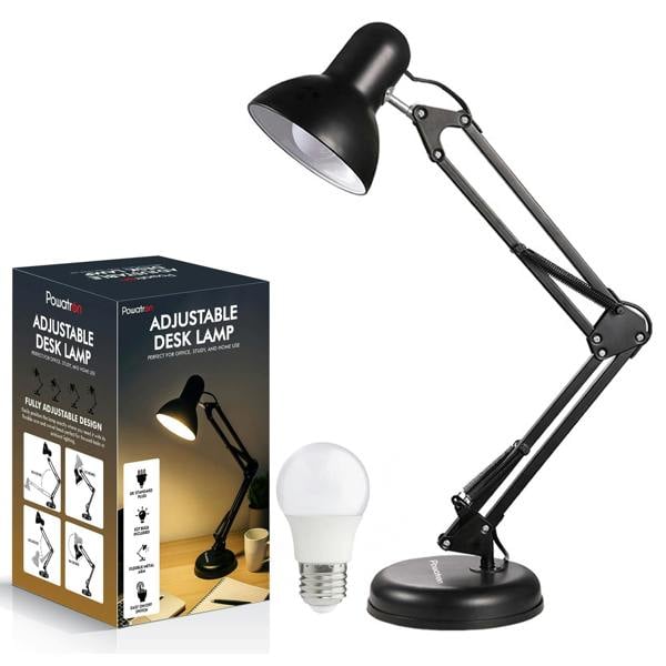 Powatron Adjustable Desk Lamp with UK Plug & E27 Bulb Included – Flexible Metal Arm, Rotatable Head, 150°