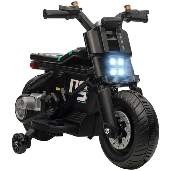 Black kids electric motorbike with bright square headlights and training wheel supports