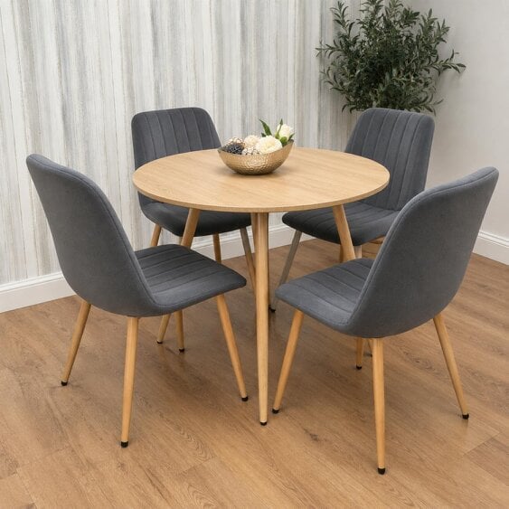 Kosy Koala Wood-Effect Round Dining Table Set with 4 Beige Velvet Padded Chairs & Metal Legs, 90 cm