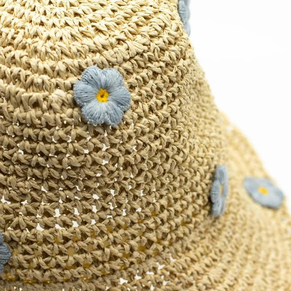 Beige straw hat close-up with light blue flower detail on woven texture