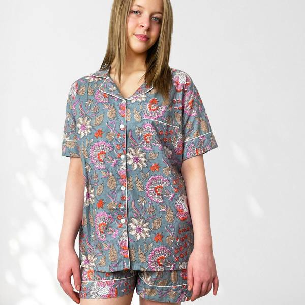 Hayley & Co Floral 100% Cotton Short Pyjama Set in Grey and Pink