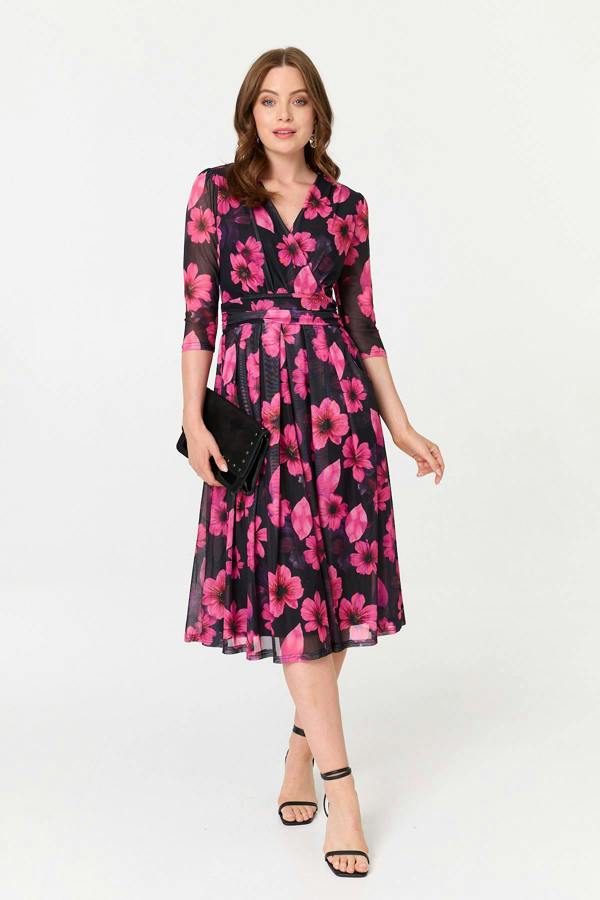 Black | Floral Pleated V-Neck Wrap Midi Dress