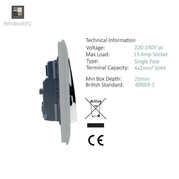 Trendi Switch 2 Gang Long Switched Plug Socket in Brushed Steel
