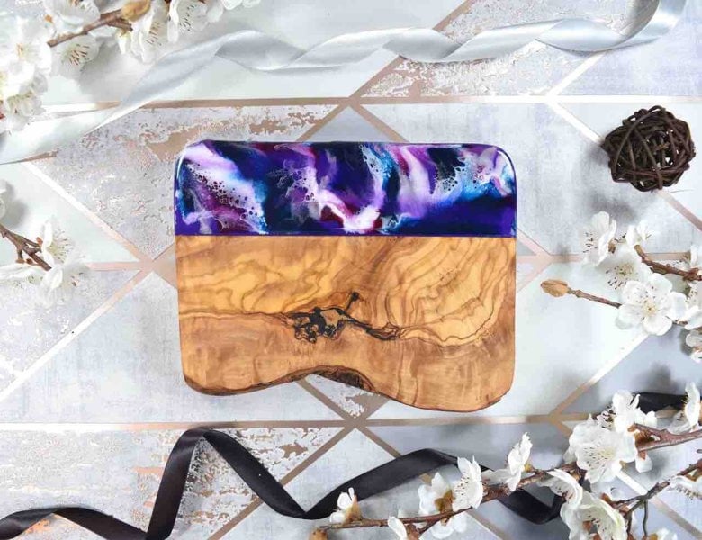 Cheese Board Gift with Purple Resin Art 21cm - Mother's Day Gift Idea