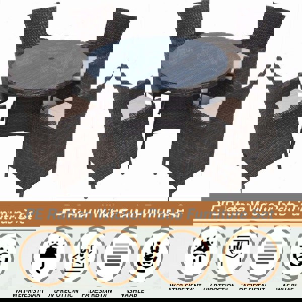 Furniture One 5 PCS Aluminium Rattan Garden Furniture 4 Seat Set, Round Tempered Glass Dining Table + 4 Chairs Set Full Assembly