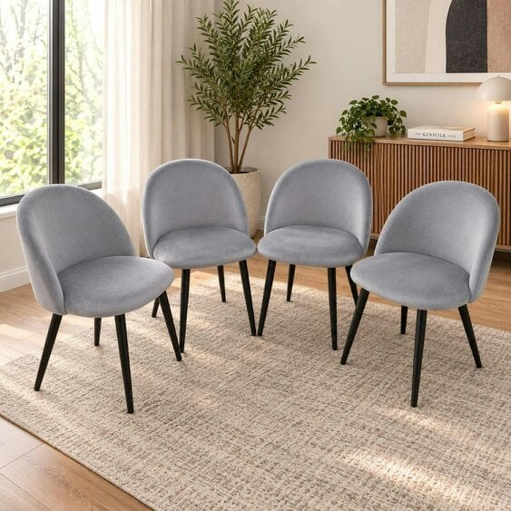 Kosy Koala Set of 4 Grey Velvet Dining Chairs with Curved Backrests & Black Metal Legs, 77x44x59 cm